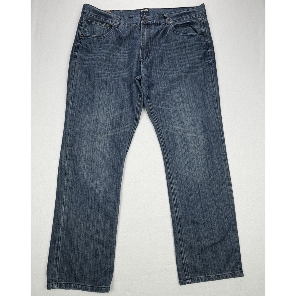 F.U.S.A.I. Mens Straight Leg Jeans Blue Medium Wash Embroidered Pockets 42x32